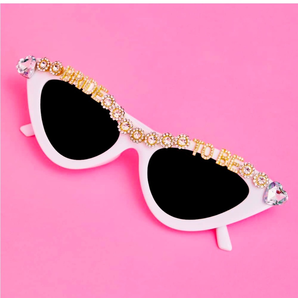 xo, Fetti Bachelorette Party Bride to Be Sunglasses White Cat Eye Bedazzled